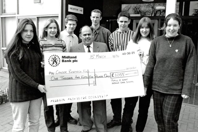 Heanor Gate school cheque presentation to Cancer Research, March 1996.