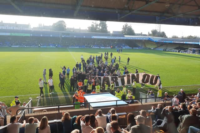 Southend fans ran on the pitch in the second half as Chesterfield ran out 4-0 winners.