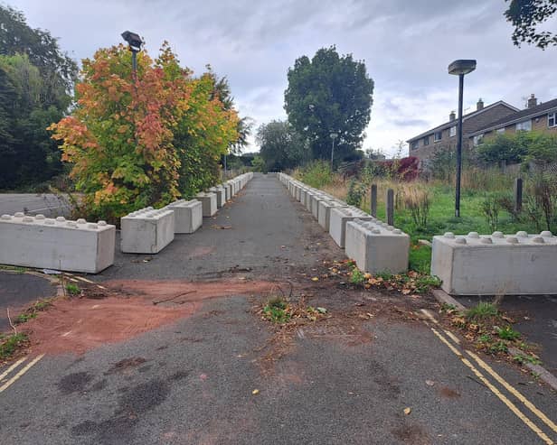 The current entrance to the former Cavendish Road car park in Matlock, including the concrete Lego-like blocks. Image from David Hughes.