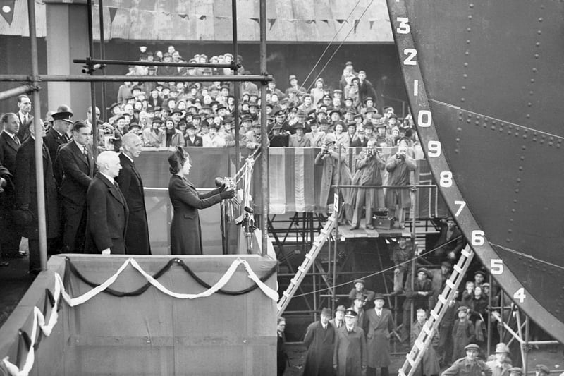 Princess Elizabeth is pictured launching the tanker British Princess at the Deptford Yard of Sir James Laing and Sons in May 1946.