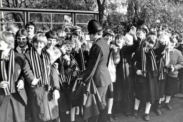Royal visit to Chesterfield  by the Prince and Princess of Wales. School childrenwait for the royal couple to arrive. November 1981.