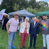 Coun Ed Fordham, left, with the Mayor of Chesterfield Coun Glenys Falconer and the mayor's consort Coun Keith Falconer at Chesterfield Pride.