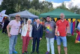 Coun Ed Fordham, left, with the Mayor of Chesterfield Coun Glenys Falconer and the mayor's consort Coun Keith Falconer at Chesterfield Pride.
