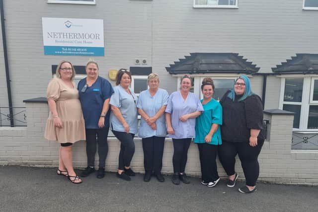 Jade Walker and Rachael Dixon from the management team came up with an idea to create a pub for the residents of their care home. Staff left to right - Rachael (deputy manager), Katy, Jayne, Sue, Katrina, Sherriden, Jade (manager)
