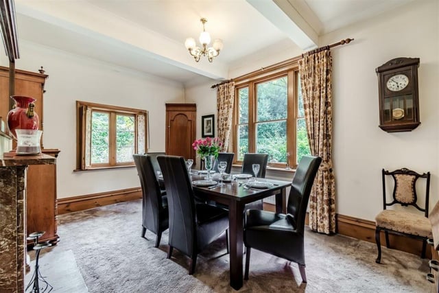 The dining room at the £850,000 pile has a touch of elegance about it. There is a marble period fireplace with flagstone hearth, an ornamental shutter to a courtyard window and a three section sash window overlooking the garden terrace.