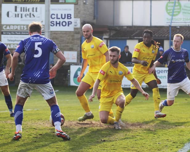 Adam Yates (no.5) prepares to score from close range just before half-time. Photo: Nick Oates.