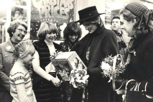 Princess Diana receives a gift on her visit to Chesterfield to open The Pavements shopping centre in 1981.