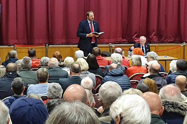 Chesterfield MP Toby Perkins, here addressing a public meeting, has secured top-level talks as part of his campaign to alter the route of a proposed east-to-west cycle path