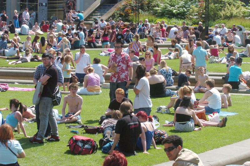 The Peace Gardens on a hot Saturday - this popular city centre area is often packed on sunny days