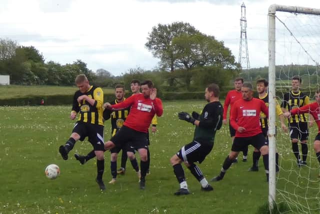Hasland equalise during the game with Gate Inn. Photo: Martin Roberts.