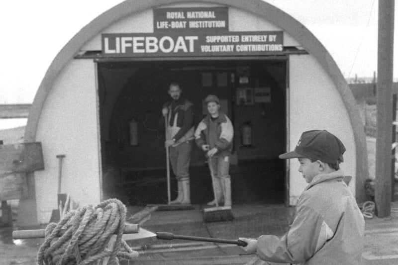 Sunderland was hit by storms in late 1990 and early 1991 and here is Paul Dixon, 8, who helped to clean up at the Sunderland Inshore Lifeboat.