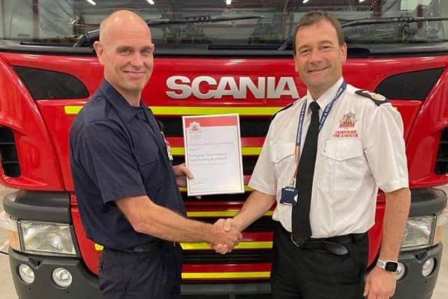 Derbyshire’s Chief Fire Officer / Chief Executive Gavin Tomlinson presented the Commendation to Firefighter Gavin Wallace on a visit to Staveley Fire Station