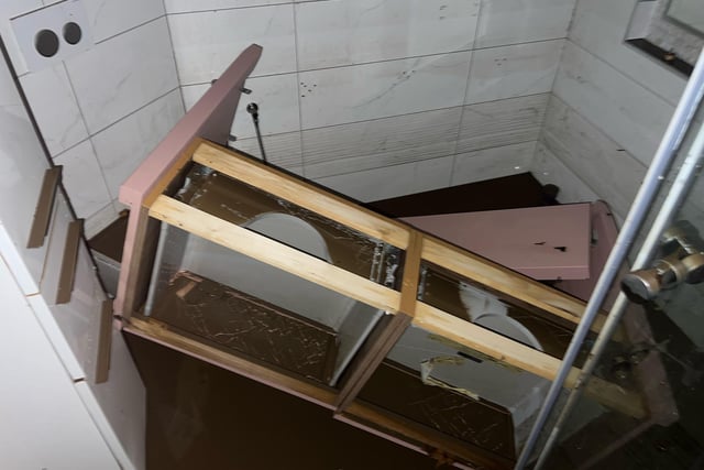 The showroom has been water-damaged - with water knocking over equipment causing more destruction.
