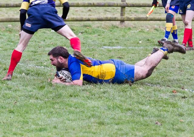 John Statham goes over for one of Matlock's tries against Coalville. Photo by Colin Baker.