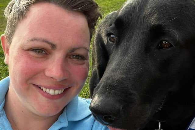 Guide dog owner Claire with her guide dog Jacqui.