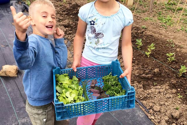 Savannah and Louis show off the first harvest
