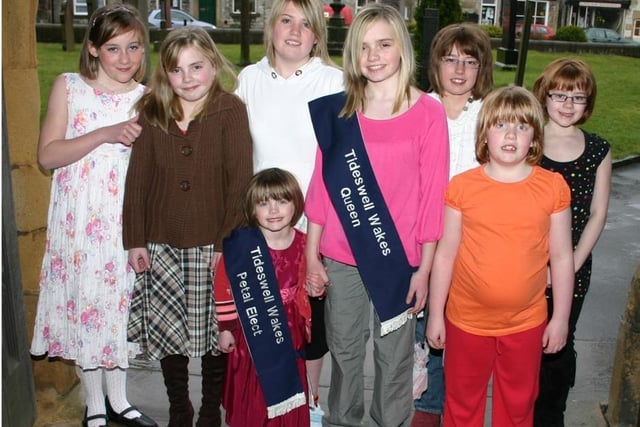 The largest group of royalty for many years wasn chosen for Tideswell Wakes in 2008
Pictured back row: Princess Emma Baxter, Queen’s Attendants Chloe Phillips and Jade Watson, Junior Queen Louise Walker and Charity Princess Karyn Gaffney.
front row: Petal Holly Gaffney, Queen Tara Phillips and Queen’s Attendant Hannah Gaffney.