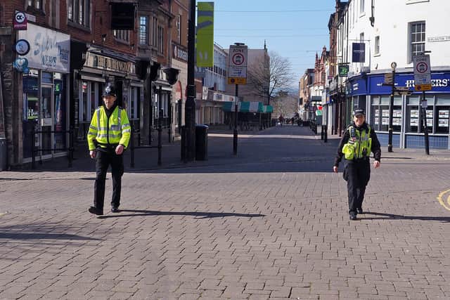 Derbyshire lockdown. Social distancing-police patrol the streets in Chesterfield.