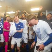 Chesterfield players celebrate inside the dressing room. Picture: Tina Jenner