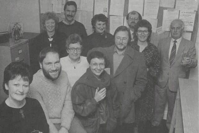 Teresa Cresswell with team members celebrating the opening of Relate's offices on Sheffield Road, Chesterfield in 1987.