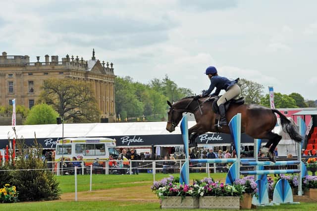 Tracey Wrench on Max in the show jumping competition in the Devonshire Arena on day one of the Dodson and Horrell Chatsworth International Horse Trials.