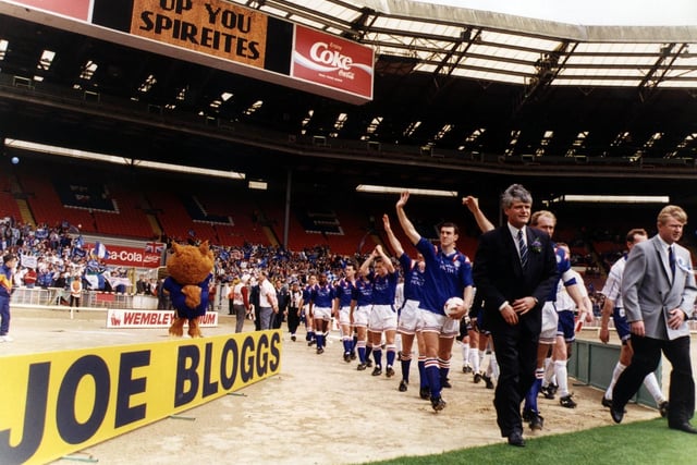 John Duncan leads the Chesterfield side out onto the Wembley turf on May 28 1995. Spireites sealed promotion after beating Bury 2-0 in the Third Division play-off final.