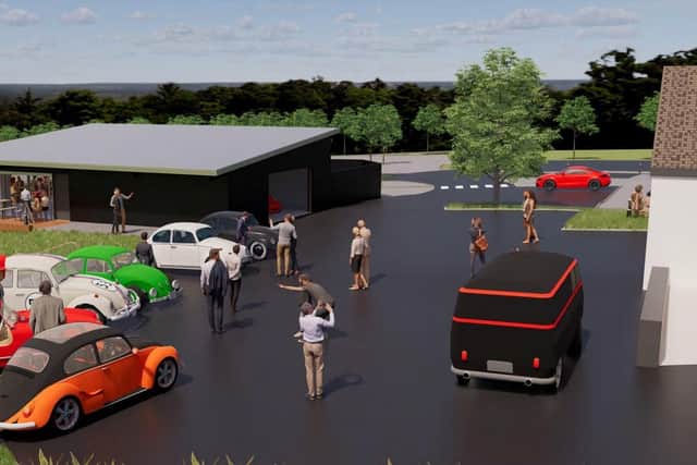 Images displaying what the site could look like include vintage vehicles such as VW Beetles and high performance cars such as Lamborghinis.