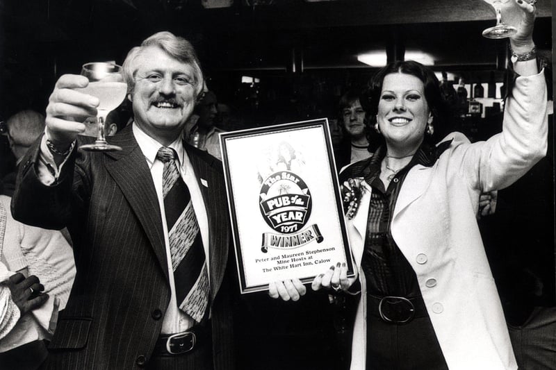 Peter and Maureen Stephenson, in a festive mood after receiving  their many prizes in The Star's Chesterfield-elected Pub of the Year Competition, for their pub The White Hart, at Calow - May 30 1977