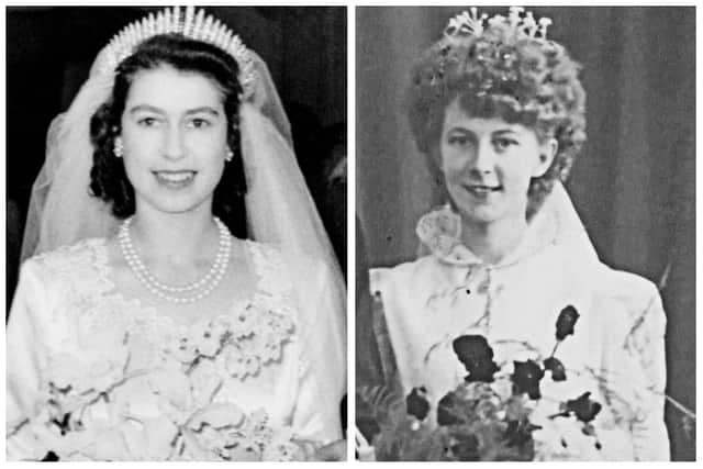 Queen Elizabeth on her wedding day at Westminster Abbey on November 20, 1947 and Brenda Land on her wedding day in Crich Parish Church on September 6, 1947.