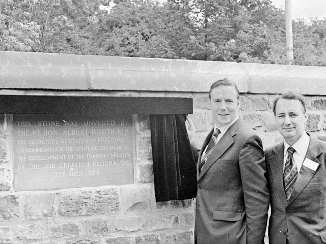 Secretary of State for Employment Albert Booth unveils a stone to commemorate the contribution of the job creation programme to the development of Crich Tramway Museum,  July 1978.