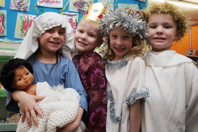 Liah Roberts, Archie Dobhin, Mackenzie Rhodes and Callum Burditt in Jacksdale Primary School's nativity play in 2008.