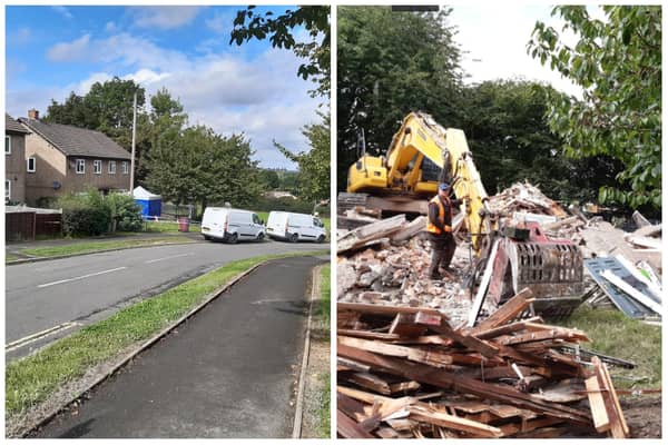 The house on Chandos Crescent, Killamarsh, where four people were killed has been demolished. Pictured left it the police investigation in September 2021, and right, the scene today