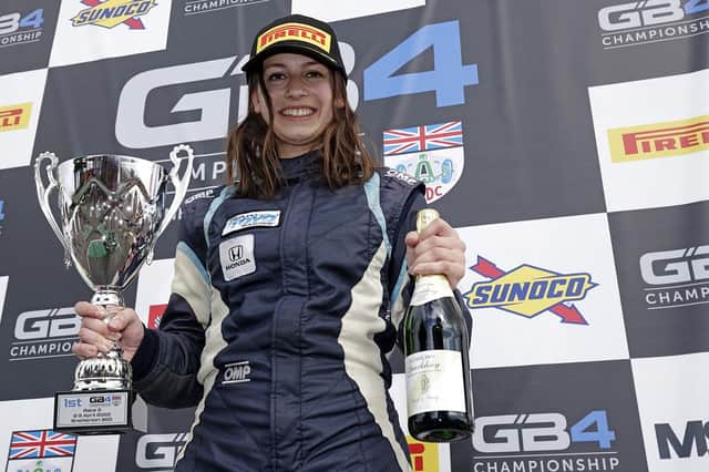 Megan Gilkes celebrates her win at Snetterton.