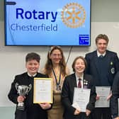 Winner, Finley Mead, and three runners-up receive their awards from Rotary president Ingrid Stopher