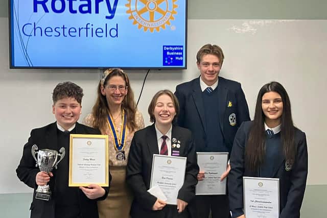 Winner, Finley Mead, and three runners-up receive their awards from Rotary president Ingrid Stopher