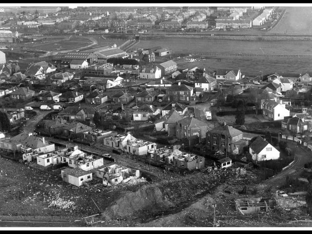 Aerial view of Rosebank, Lockerbie after the crash of Pan Am Flight 103. on to the town killing 270 people - all 258 on board and 12 more on ground.  From bottom - crater - Sherwood park - Garage/Filling station - Abbatoir with engine - Rosebank.