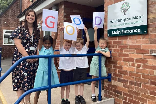 Whittington Moor Nursery and Infant School headteacher Lauren Kay celebrating the 'good' Ofsted report with pupils