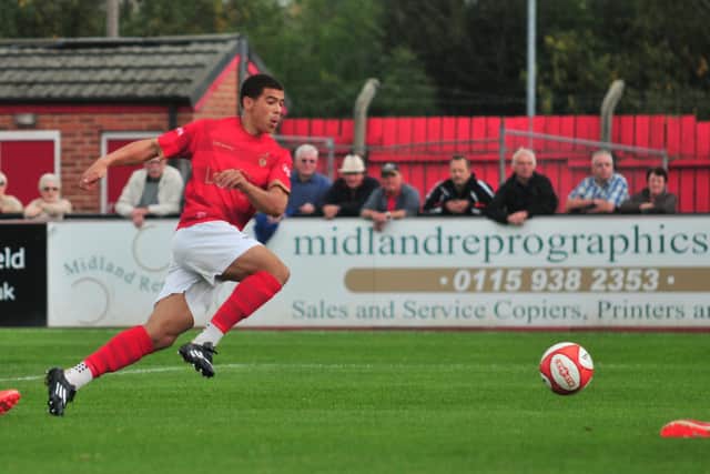 Che Adams in action for Ilkeston FC. Photo by Craig Lamont.