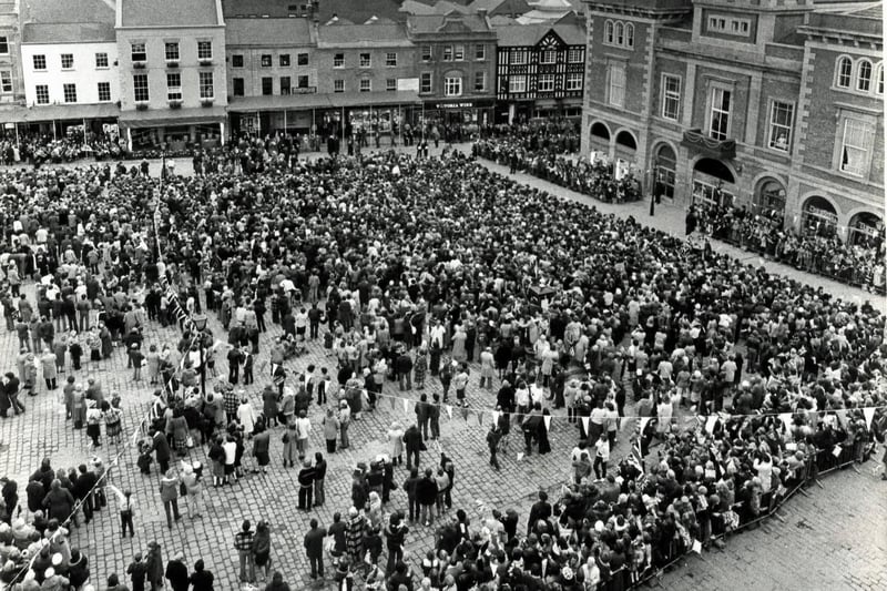 Large crowds gather in Chesterfield market place for the visit of the Prince and Princess of Wales in November 1981.