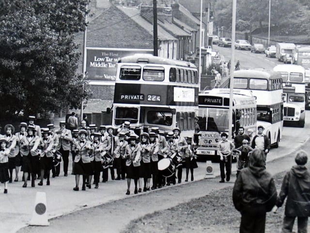Vintage buses on Sheffield Road, Chesterfield, in 1980.