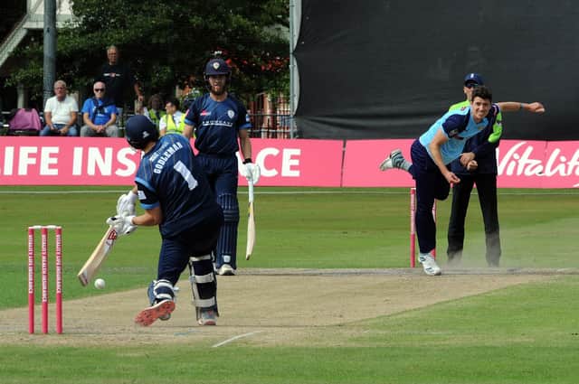 Yorkshire's Matthew Fisher bowls to Derbyshire Falcons' Billy Godleman during the 2019 Chesterfield Festival of Cricket. Picture Tony Johnson.