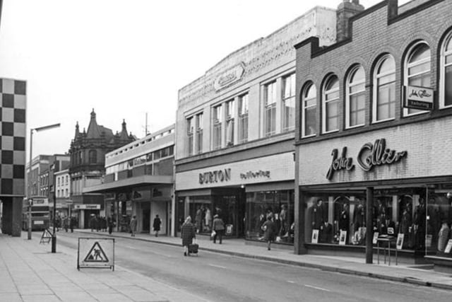 This image from 1978 shows the Burton store on Burlington street (now Greggs) and John Collier next door.