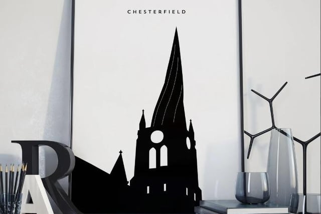 This dramatic image of Chesterfield's crooked spire would be a great fit for a room with monochrome decor. The handmade poster by BBSportsArt is on sale for £12.95 via Etsy,  www.etsy.com/uk/listing/965202873