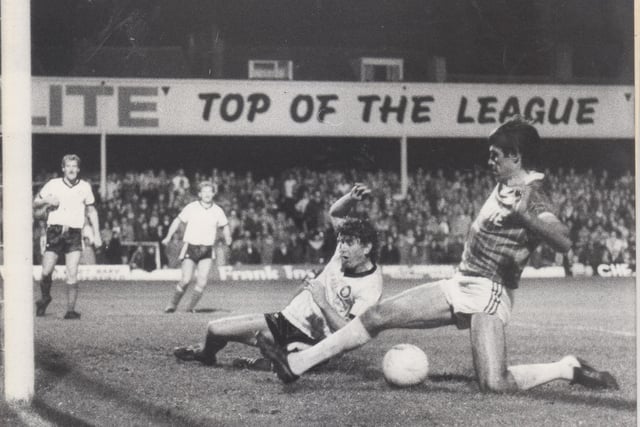 A triumphant goal on the return of Ernie Moss to make the scoreline 3-1 against Hereford on 2 October 1984.