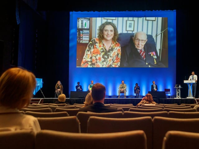 Captain Tom Moore and his daughter Hannah Ingram-Moore speaking via videolink at the opening of NHS Nightingale Hospital Yorkshire and Humber in Harrogate, North Yorkshire. The hospital is one of a network of seven sites providing surge capacity across England during the coronavirus pandemic.