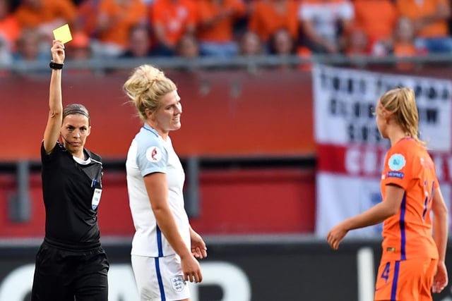 Bright receives a yellow card from French referee Stephanie Frappart during the UEFA Womens Euro 2017 football tournament semi-final match between Netherlands and England at the FC Twente Stadium, in Enschede in 2017.