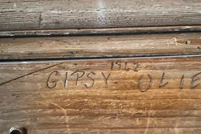 Gipsy and Olie's names scratched into the wood at Beningborough Hall. Photo: National Trust/Joanne Parker