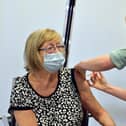Sheila Wood having her jab from vaccinator Lara White at Chesterfield's Casa Hotel earlier this year