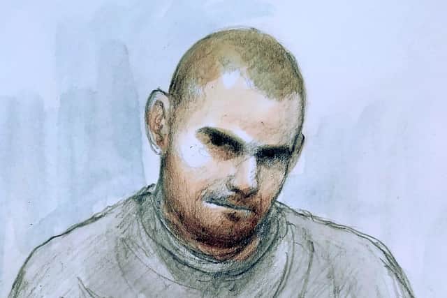 Artist's impression of Damien Bendall appearing via video link at Southern Derbyshire Magistrates' Court.  September  22, 2021.