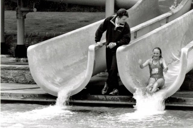 Having fun on the water slide at Alfreton lido, 1992.